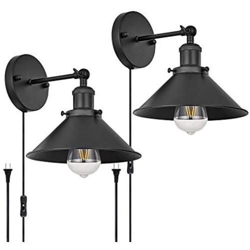 Passica 2 Pack Plug in Vintage Industrial Wall Lights Matte Black Retro Wall Sconce Adjustable Lamp Fixture Living Room Bathroom Vanity Bedroom Wall Mount Lamp
