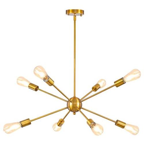 Modern Sputnik Chandeliers 8 Lights - Mid-Century Industrial Brushed Brass Light Fixture for Kitchen Living Room,Dining Room, Restaurant
