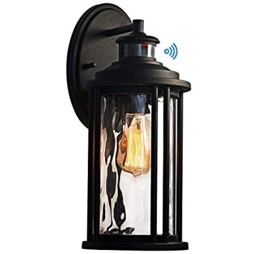 MOTINI 1-Light Outdoor Wall Sconce Lantern with Motion Sensor and Dusk to Dawn 60 W Bulb Included IP23 Waterproof Exterior Light Fixtures Wall Mount in Black Finish with Water Glass Shade MOTINI 1-Light Outdoor Wall Sconce Lantern with Motion Sensor and Dusk to Dawn 60 W Bulb Included IP23 Waterproof Exterior Light Fixtures Wall Mount in Black Finish with Water Glass Shade
