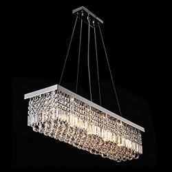 7PM W60'' x D12'' Modern Rain Drop Rectangle Clear K9 Crystal Chandelier Pendant Lamp Light Fixture 16 Lights for Dining Room Kitchen Island Chrome Frame