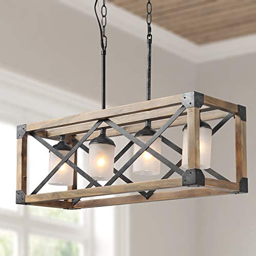 Farmhouse Chandelier, Kitchen Island Lighting with Glass Globes, 4-Light Rectangular Chandelier for Dining Room, 27.5” L