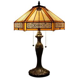 Tiffany Lamp Bedside Table Reading Lighting Yellow Hexagon Stained Glass Mission Style Shade Antique Base W16H24 Inch S011 WERFACTORY LAMPS Lover Parent Friend Kids Living Room Bedroom Coffee Bar Desk