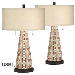 Ignacio Table Lamps Set of 2 with USB Charging Port Southwest Style Tapering Column Oatmeal Fabric Drum Shade for Living Room Bedroom Bedside Nightstand Office Family - John Timberland