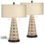 Ignacio Table Lamps Set of 2 with USB Charging Port Southwest Style Tapering Column Oatmeal Fabric Drum Shade for Living Room Bedroom Bedside Nightstand Office Family - John Timberland