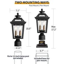 Beionxii Outdoor Post Lights | Exterior Post Lantern Pillar Light with 3-inch Pier Mount Adapter, Sand Textured Black with Clear Glass - A329P-2PK