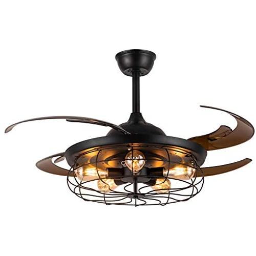 Moooni 48'' Reversible Industrial Ceiling Fan with Lights and Remote Vintage Caged Chandelier Fan Light Kit Black Fandelier for Bedroom Dining Room Farmhouse