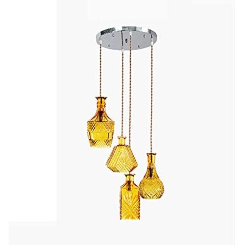 FL-61489AB Crystal Glass Pendant Lamps, Height Adjustable Chandeliers with 4-Light, Amber Single Head Hanging Lamps for Kitchen Island, Living Table, Dining Table (Amber)