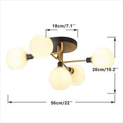 BOKT Sputnik Chandelier 5 Heads Semi Flush Mount Ceiling Light Glass Globe Ceiling Pendant Light Fixture for Kitchen Dining Room Living Room Bedroom Hallway, Bulbs Included (White Shade, Gold)