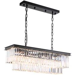 7PM Modern Crystal Chandelier Rectangular Pendant Lighting Black Finish Light Fixture for Dining Room Kitchen Over Table