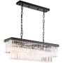 7PM Modern Crystal Chandelier Rectangular Pendant Lighting Black Finish Light Fixture for Dining Room Kitchen Over Table