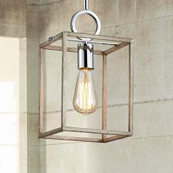 XINGQI Farmhouse Pendant Light, Lantern Hanging Ceiling Lighting for Kitchen Dining Room Foyer, Rectangle Cage lamp Fixture, Antique Nickel with Chrome, Single Light, E26 Base(Bulb not Included)