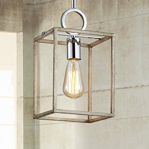 XINGQI Farmhouse Pendant Light, Lantern Hanging Ceiling Lighting for Kitchen Dining Room Foyer, Rectangle Cage lamp Fixture, Antique Nickel with Chrome, Single Light, E26 Base(Bulb not Included)