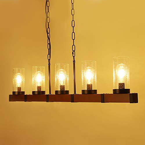 Wellmet Farmhouse Chandeliers for Dining Room, 5-Lights Kitchen Island Lighting, Rustic Wood Chandeliers with Seeded Glass Shades, 43'' Linear Hanging Pendant Light Fixture