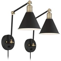 Wray Modern Wall Lamp Plug-in Set of 2 Black and Antique Brass for Bedroom Reading Living Room - 360 Lighting