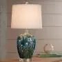 Devan Cottage Table Lamp with Nightlight Ceramic Blue Vine Handcrafted Oval Fabric Shade for Living Room Family Bedroom - 360 Lighting