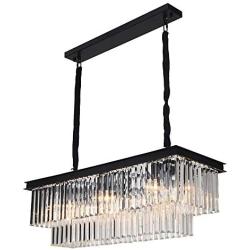 Lingkai Modern Crystal Chandelier Rectangular K9 Clear Crystal Pendant Light Black Ceiling Light Fixture Island 8-Light Hanging Lamp for Dining Room Living Room Kitchen