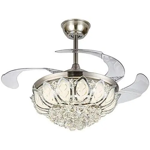 42” Invisible Crystal Chandelier Ceiling Fan Light with Remote Control, 4 Retractable Blades +3 Win Speed Dimmable LED Ceiling Light Fixture for Living Room/Dining Room/Bedroom (Silver Crystal)