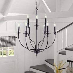 Wellmet Black Farmhouse Chandelier for Dining Room, 9 Light 2-Tier Rustic Classic Candle Ceiling Hanging Light Fixture, Modern French Country Pendant Lighting for Kitchen Island, Living Room, 30'' Dia