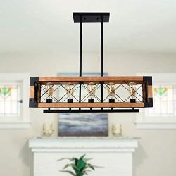 Rustic 5-Light Wood Kitchen Island Light Modern Industrial Rectangular Dinning Room Chandelier Island Light