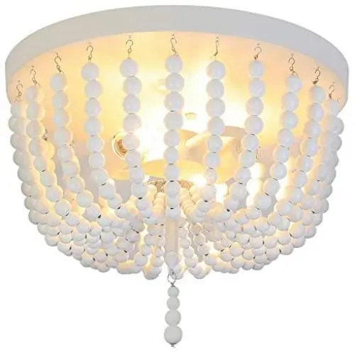 Bohemia Wood Beaded Chandelier,Flush Mount Ceiling Light,White Farmhouse Light Fixtures Ceiling for Kitchen Island Dining Room Entryway Hallway Bedroom,2-Light