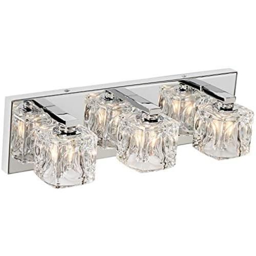 MOTINI Modern 3-Light Bathroom Vanity Light Fixture Over Mirror Chrome Finish Crystal Glass Shade with G9 Halogen Bulbs