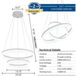 ROYAL PEARL LED Pendant Light Modern Chandelier 5400lm 60W Flush Mount Pendant Lamp for Living Room Bedroom Office, 6000k