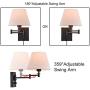 Wall Sconce Sets of 2 Wall Lamps with Plug in Cord Adjustable Swing Arm Wall Lights Bedroom Fabric Shade Wall Mount Sconce Fixtures for Living Room Bedside Hallway (Black base, White shade)
