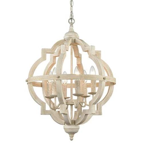 CLAXY Weathered 6 Light Stardust Farmhouse Chandeliers Distressed Wooden Chandelier-Assembled