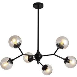 UOFUS 6-Light Chandelie Rustic Vintage Ceiling Light with Glass Globes Mid Century Pendant Lighting Black Foyer Chandelies Adjustable Height for Dining Living Room