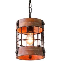 Anmytek Metal and Wood Chandelier Round Pendant Light Retro Rustic Loft Antique Lamp Edison Vintage Decorative Light Fixtures and Ceiling Light Luminaire