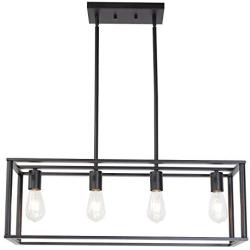 BONLICHT Kitchen Island Dining Room Pendant Lighting 4 Light Industrial Vintage Open Frame Rectangle Chandeliers Modern Black Linear Cage Ceiling Light Fixture for Farmhouse Cafe Bar Restaurant