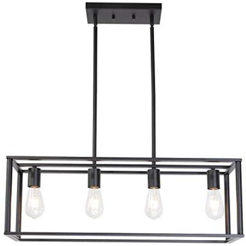 BONLICHT Kitchen Island Dining Room Pendant Lighting 4 Light Industrial Vintage Open Frame Rectangle Chandeliers Modern Black Linear Cage Ceiling Light Fixture for Farmhouse Cafe Bar Restaurant