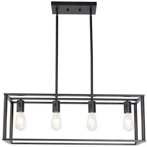 BONLICHT Kitchen Island Dining Room Pendant Lighting 4 Light Industrial Vintage Open Frame Rectangle Chandeliers Modern Black Linear Cage Ceiling Light Fixture for Farmhouse Cafe Bar Restaurant