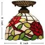 Tiffany Style Stained Glass Ceiling Lamp 8 Inch Green Leaves Red Rose Art Shade Flush Mount Ceiling Light for Living Room Bedroom Hotel Corridor