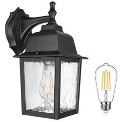 Dusk to Dawn Sensor Outdoor Wall Lantern Waterproof Exterior Wall Mount Lights, E26 LED Bulb Included, Anti-Rust Aluminum Matte Black Wall Sconce with Water Glass Shade for Garage, Patio, Hallway