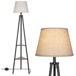 DEWENWILS 65 inch Industrial Tripod Floor Lamp with Shelves, 2-Tier Display Shelf, Light Beige Linen Shade, Metal and Wood Construction, Standing Storage Lamp for Living Room, Bedroom, Office