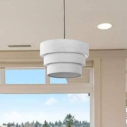 13.5” Modern 1-Light Drum Pendant Chandelier, Linen Fabric Shade, Hanging Pendant Light Fixture, Adjustable Height, Brushed Nickel Finish, for Dining Room