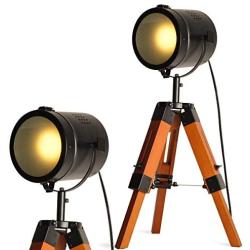 Industrial Tripod Floor Lamp for Living Room Bedroom, Vintage Spotlight Reading Lamp with Wooden Metal Legs，Nautical Searchlight Floor Lamp for Office, Cinema, Dorm, Black (-Without Edison Bulb)