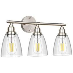 Wall Vanity Light Fixture, 3-Light Brushed Nickel Wall Sconce Lighting with Glass Shade, Modern Vintage Porch Wall Lamp for Mirror Kitchen Living Room Workshop (E26 Base)