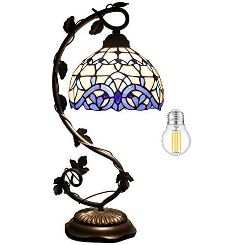 Tiffany Desk Lamp (LED Bulb Included) White Blue Stained Glass Baroque Style Shade Table Reading Light W8H22 Inch S003B WERFACTORY Lamps Living Room Bedroom Study Desk Bedside Antique Craft Gifts