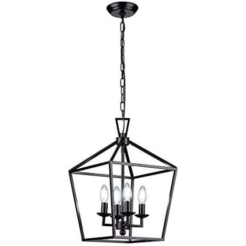 HUESLITE Farmhouse Chandelier, Vintage Foyer Lantern, 4 Light Pendant Light for Kitchen Island (Black)