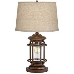 Andreas Industrial Table Lamp with Nightlight and USB Port Brown Metal Oatmeal Fabric Tapered Drum Shade Antique LED Edison Bulb for Living Room Bedroom Bedside Nightstand Office - Franklin Iron Works