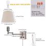 Bedside Wall Mount Light with Dimmable Switch and Outlet, Swing Arm Fabric Shade Wall Sconce Light with USB Port and Plug in Cord, Satin Nickel Wall Lamp for Bedroom, Living Room and Hotel
