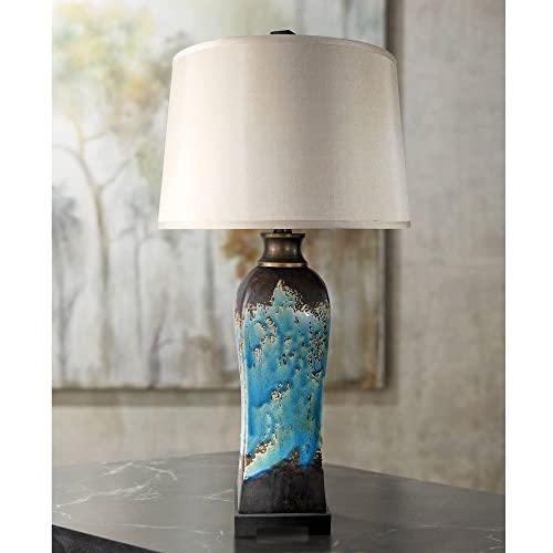 Mazara Modern Table Lamp Ceramic Rust and Blue Beige Tapered Drum Shade Living Room Family Bedroom Bedside Nightstand - Possini Euro Design