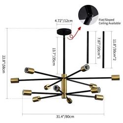 Modern Sputnik Chandelier, KAISITE Black and Gold Chandelier with 3 Spare Rod and Universal Joints, Mid Century Slope Mounted Pendant Light for Kitchen Dining Room Living Room Bedroom.12-Lights