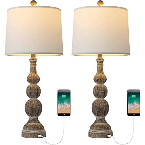 BOBOMOMO 27.75 USB Table Lamp with Charging Port Set of 2 Antique Retro Nightstand Lamp for Bedroom Living Room Resin Classic Bedside Washed Brown Desk Lamps with White Fabric Shade