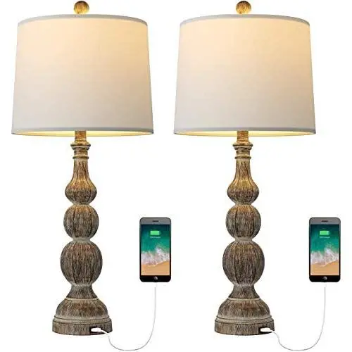 BOBOMOMO 27.75 USB Table Lamp with Charging Port Set of 2 Antique Retro Nightstand Lamp for Bedroom Living Room Resin Classic Bedside Washed Brown Desk Lamps with White Fabric Shade BOBOMOMO 27.75 USB Table Lamp with Charging Port Set of 2 Antique Retro Nightstand Lamp for Bedroom Living Room Resin Classic Bedside Washed Brown Desk Lamps with White Fabric Shade