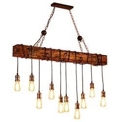 Ladiqi 10-Lights Wooden Island Chandelier Retro Rustic Pendant Lighting Lamp Multiple Adjustable Hanging Ceiling Linear Light Fixtures for Kitchen Island Living Room Bar