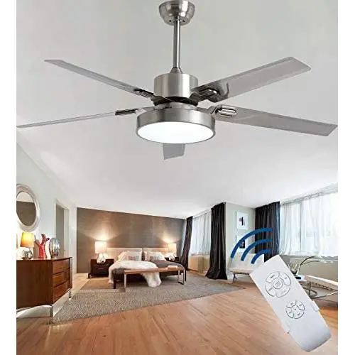 52'' Indoor 5-Blades Ceiling Fan LED Light with Remote Control Modern Stainless Steel Blades Chandelier Ceiling Fan Brushed Nickel Ceiling Fan For Living Room Ceiling Fan With Light For Bedroom