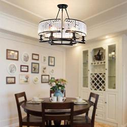 6 Lights Modern K9 Crystal Chandelier, Flush Mount Light Round Pendant Lighting Fixture Vintage Ceiling Chandeliers for Dining Room Livingroom, Dia 25.5 inch